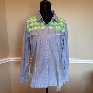 Rock & Roll Cowgirl Neon Embroidered Western Shirt 🔥 Cotton Snap Button L